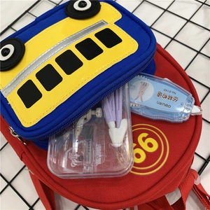 Cute red round backpack and blue school bus pencil case set with number 96 print