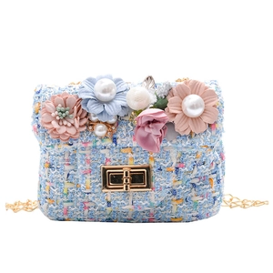 Sac bandoulière en tweed pour filles avec fleurs et bandoulière dorée