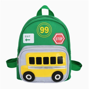 Cartoon green school bus backpack for kids with durable canvas and ergonomic straps