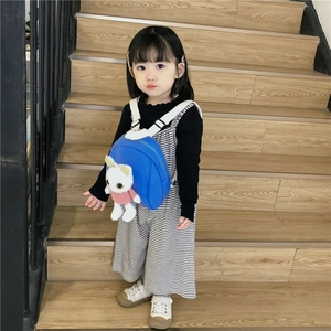 Cute blue kids backpack with plush bunny doll for kindergarten toddlers in daily use
