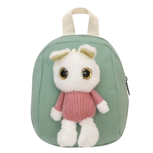 Green canvas kids backpack with cute 3D plush bunny doll and pink striped sweater decor