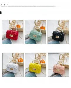 Close-up of quilted mini jelly bags featuring pearl handles and chain straps in six colors