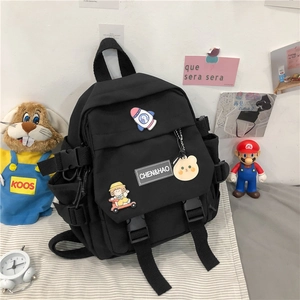Mini Sac À Dos Style Coréen Nylon Imperméable Petit Sac D'école Avec Épingles Dessin Animé Et Porte-clés Ours Pour Filles