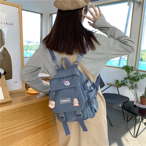 Grand sac à dos scolaire en nylon gris-bleu avec pendentifs mignons et poches