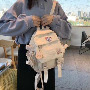 Sac à dos blanc cassé grande capacité pour étudiantes avec pendentif ours et badges