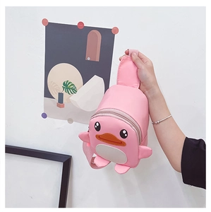 Close-up of pink cartoon duck chest bag for kids with adjustable strap and top handle