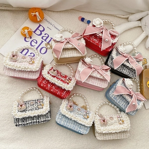 Kids Mini Handbag Tweed Crossbody Bag Artificial Pearl Handle Sweet Princess Shoulder Purse For Toddler Girls Fashion Elegant