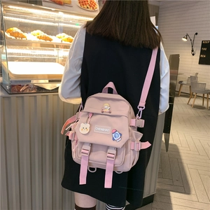 Sac à dos rose grande capacité pour étudiantes avec pendentif ours et badges mignons