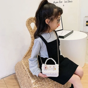 Kids pearl handle tweed crossbody bag with floral bunny charms and metal chain
