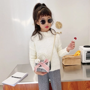 Kids tweed handbag with pink bow and pearl handle for girls formal occasion outfits