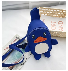 Detail of blue nylon cartoon duck chest bag with orange beak and adjustable strap