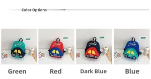 Detail display of car-shaped children backpacks in green, red, dark blue, and blue
