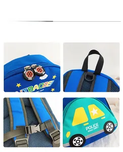 Detail view of cartoon car backpack with mesh straps, buckle, and tire-shaped zipper pulls