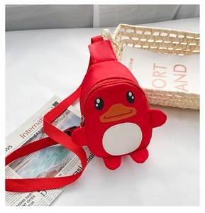 Detail view of red cartoon duck crossbody bag with adjustable fabric shoulder strap