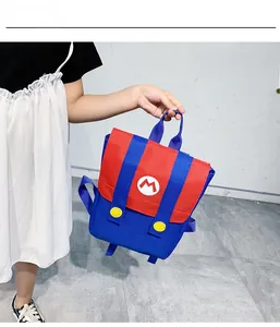 Detailed view of the red and blue color-block kids backpack with M letter embroidery
