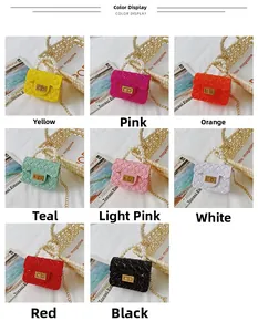 Detail showing various colors of quilted mini jelly bags with pearl handles and gold chains