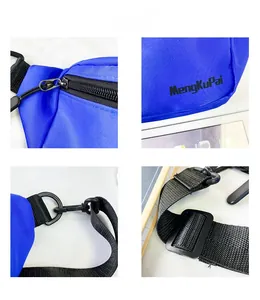 Detail shots of blue nylon chest bag featuring zippers, buckles, and adjustable straps
