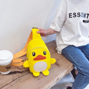 Cute yellow duck canvas crossbody chest bag for kids with adjustable orange strap