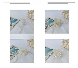Four styles of handmade white pearl beaded mini crossbody bags with pearl chain straps