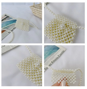Detailed views of a handmade white pearl mini bag with long shoulder strap and pearl clasp