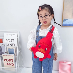 Cute red cartoon duck chest bag for kids with adjustable strap worn by child model