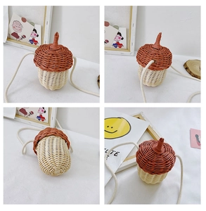 Detail view of acorn shaped woven shoulder bag for kids with natural dual-tone textures