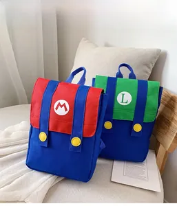 Close-up of canvas kids backpack featuring Mario-themed color contrast and decorative buttons