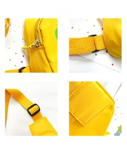 Détails du sac bandoulière jaune pour enfant avec fermetures éclair et sangle réglable