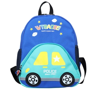 Blue kids backpack with police car design, mesh side pockets and beetle zipper charm