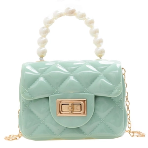 Mint green jelly handbag for girls with pearl handle, quilted pattern and gold chain