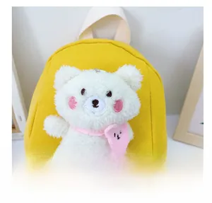 Close-up of yellow canvas kids backpack with cute 3D plush bear detail and top handle