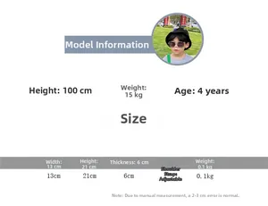 Size chart showing dimensions for children's cartoon crossbody bag with model info