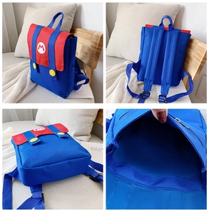Detailed views of kids' cartoon backpack showing straps, interior, and classic logo design