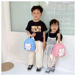 Detail of cute kids backpacks with 3D plush bear pendants in blue and pink colors