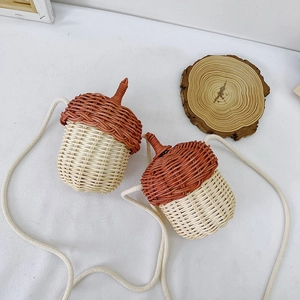 Acorn Shaped Woven Straw Kids Crossbody Bag Mini Cute Shoulder Purse For Toddler Girls Pastoral Style Novelty