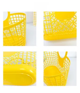 Detail view of yellow plastic mesh beach bag showing hollow design and sturdy base