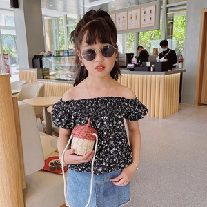 Kids summer floral off-shoulder top and denim skirt set with acorn straw bag
