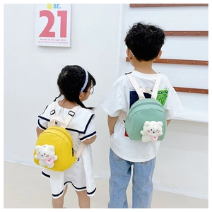 Detail view of mini children backpacks in yellow and green with cute 3D plush bear charms