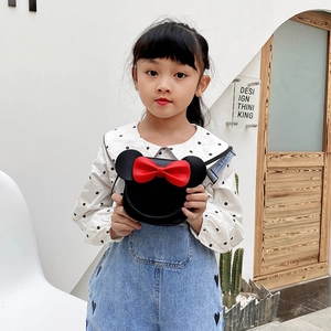 Cute kids crossbody bag with Minnie bow design and round ears in black and red PU leather