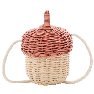 Mini acorn-shaped woven crossbody bag for kids featuring dual-tone rattan textures