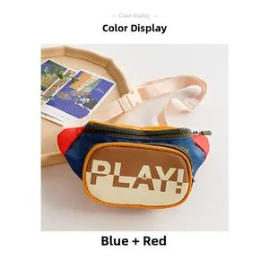 Detail view of colorful kids chest bag in blue and red nylon with PLAY text