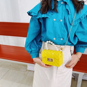 Kids yellow jelly handbag with luxury pearl handle and gold chain strap in quilted design