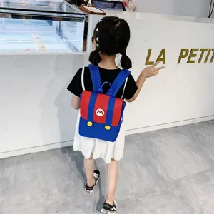 Cute cartoon kids backpack with red and blue contrast colors and Mario theme