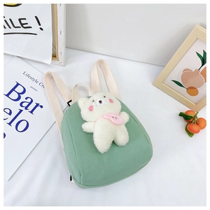 Detailed view of light green canvas kids backpack with a cute plush bear decoration