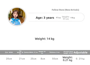 Detailed size chart for kids blue pig backpack featuring height 25cm and adjustable straps