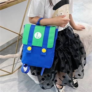Colorful Luigi themed kids canvas backpack with contrast colors and large letter L