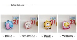 Collage of cute animal-themed kids backpacks in blue, cream, yellow and pink colors