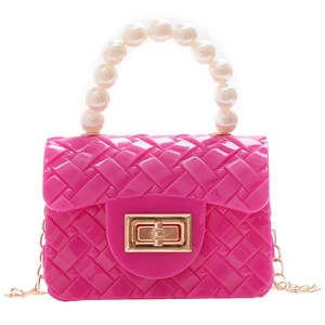 Chic pink jelly bag with pearl handle, woven texture and gold chain strap for girls