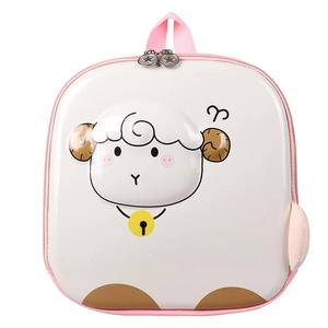 Cute white eggshell backpack for kids featuring a cartoon sheep with pink trim