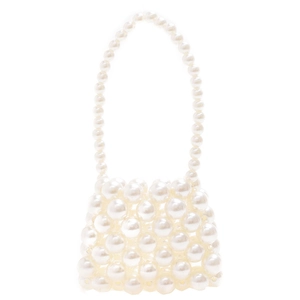 Elegant mini handmade pearl woven crossbody bag with long strap and bead handle for girls